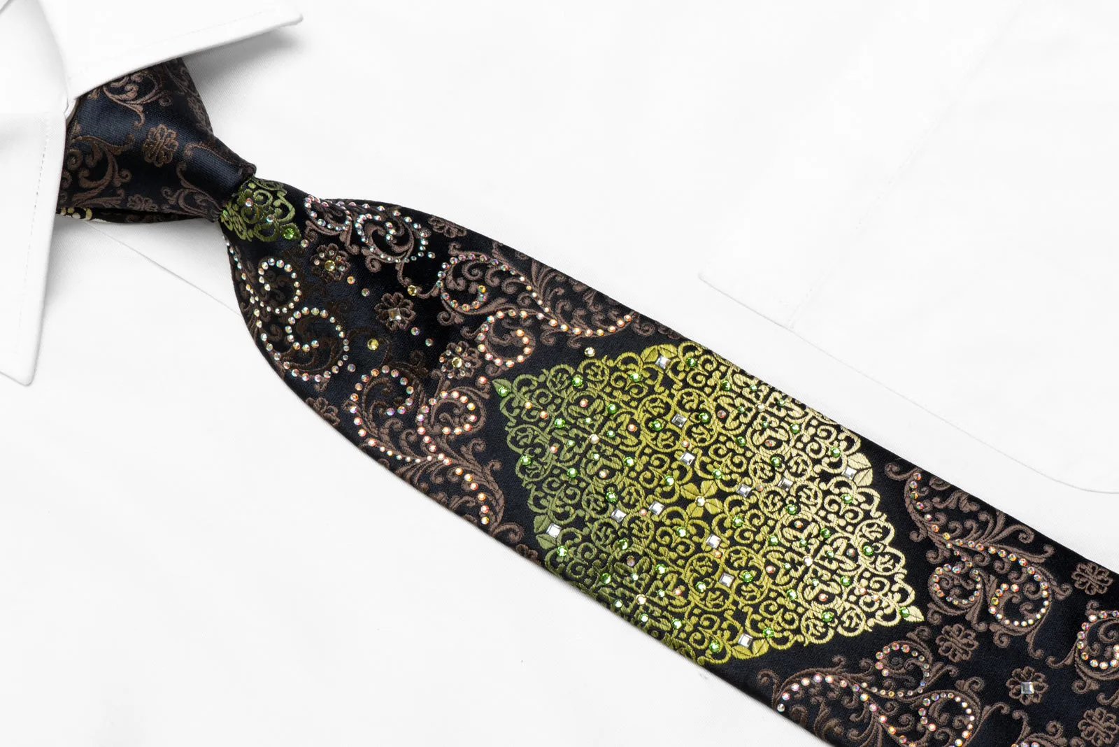 Green Brown Damask On Black Rhinestone Silk Necktie