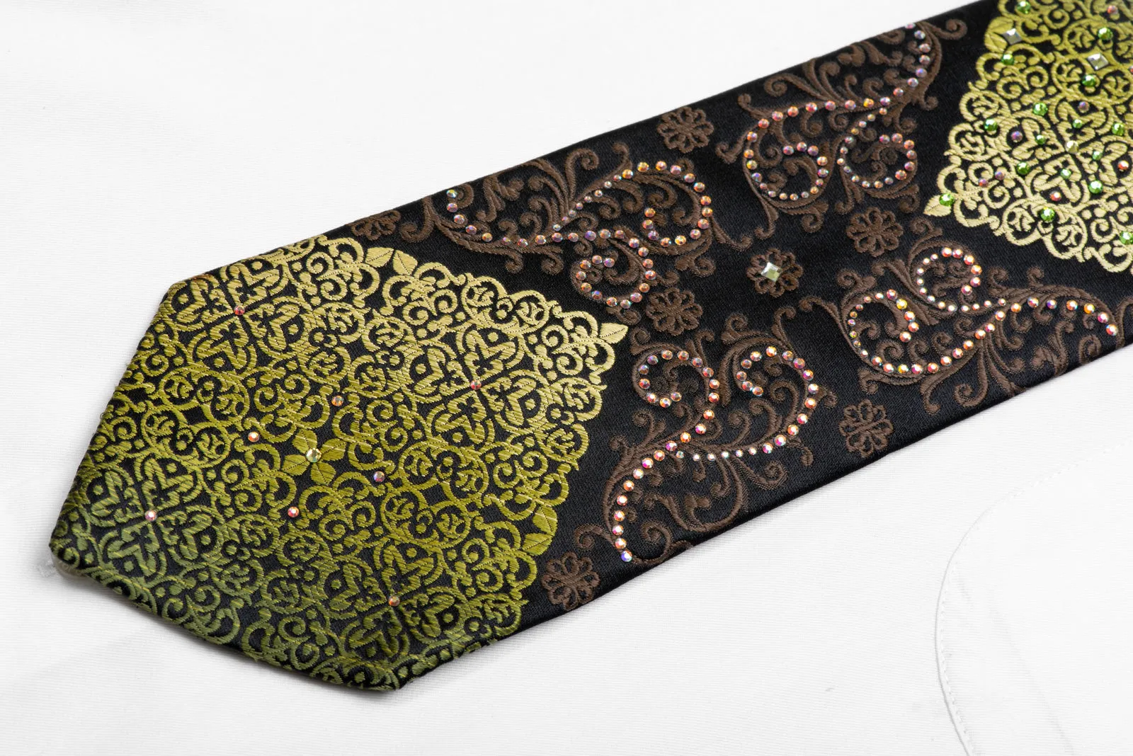 Green Brown Damask On Black Rhinestone Silk Necktie