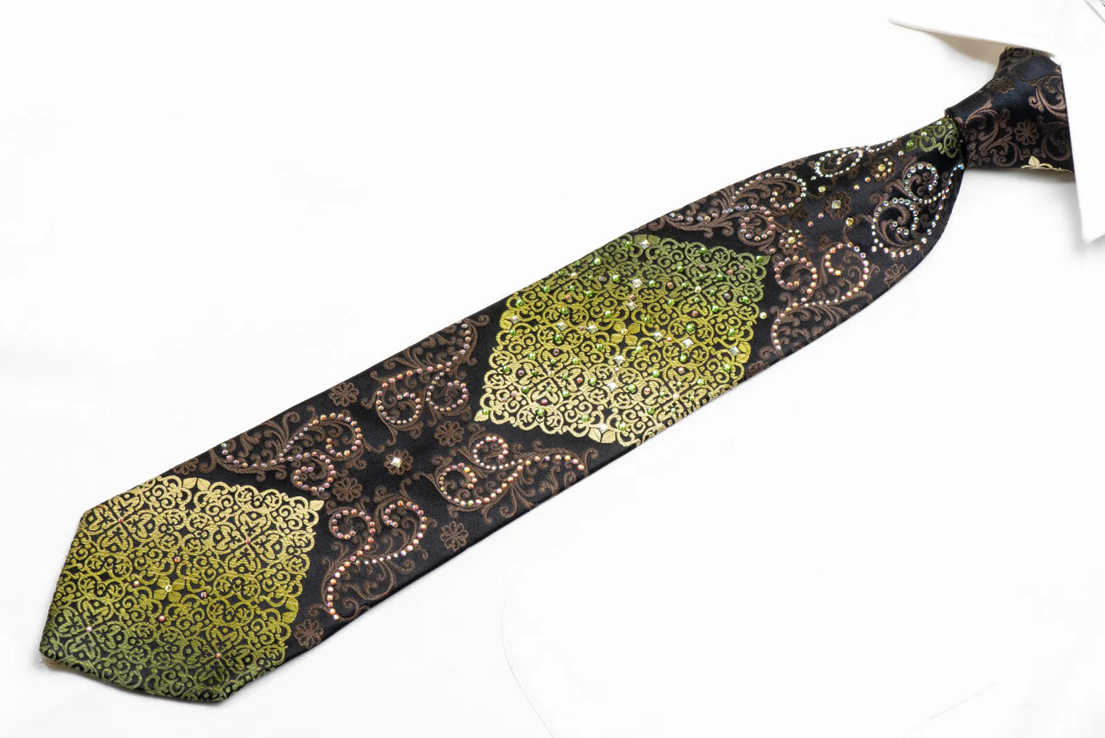 Green Brown Damask On Black Rhinestone Silk Necktie