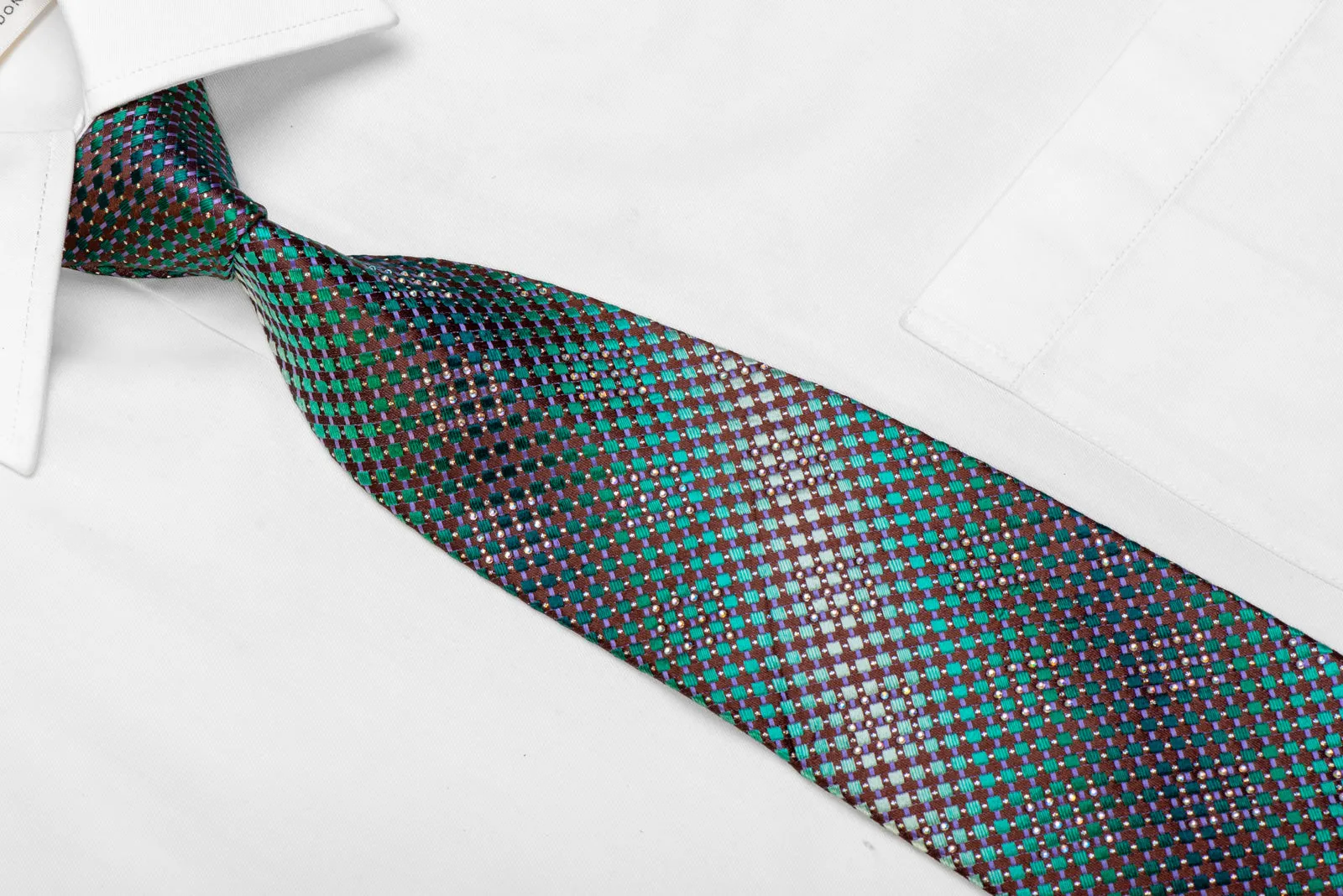 Green Micro Squares On Brown Rhinestone Silk Necktie With Sparkles