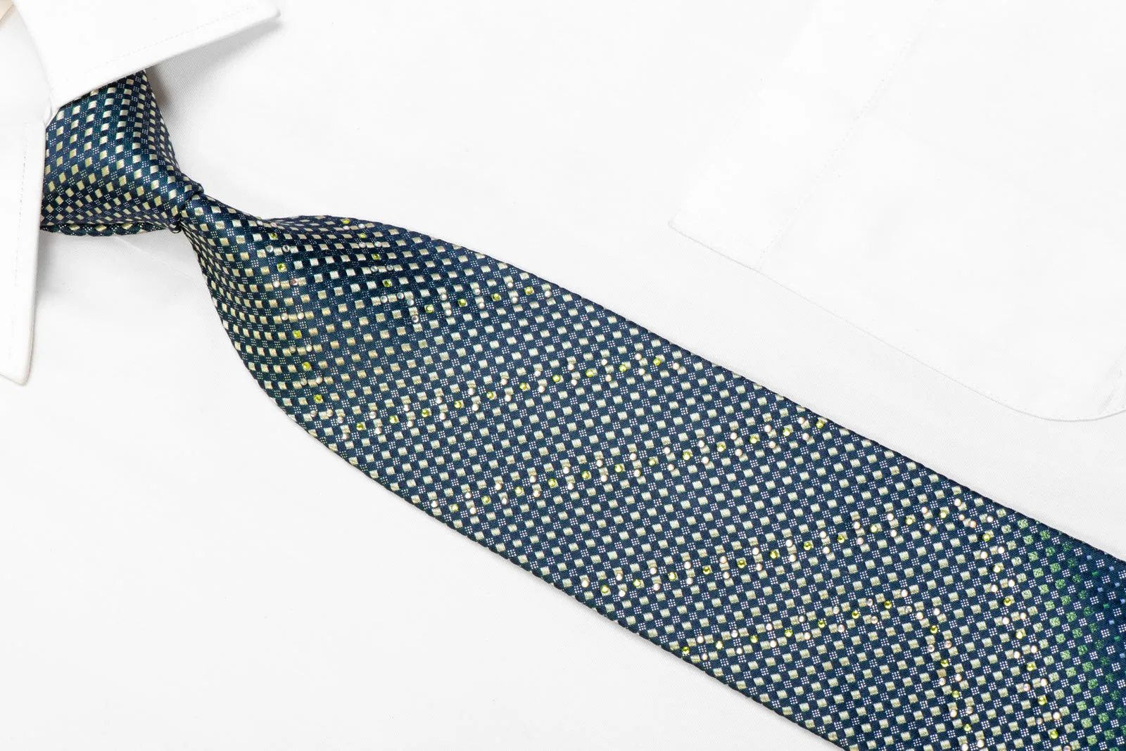 Green Micro Squares On Navy Blue Rhinestone Necktie With Silver Sparkles