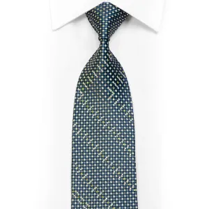 Green Micro Squares On Navy Blue Rhinestone Necktie With Silver Sparkles