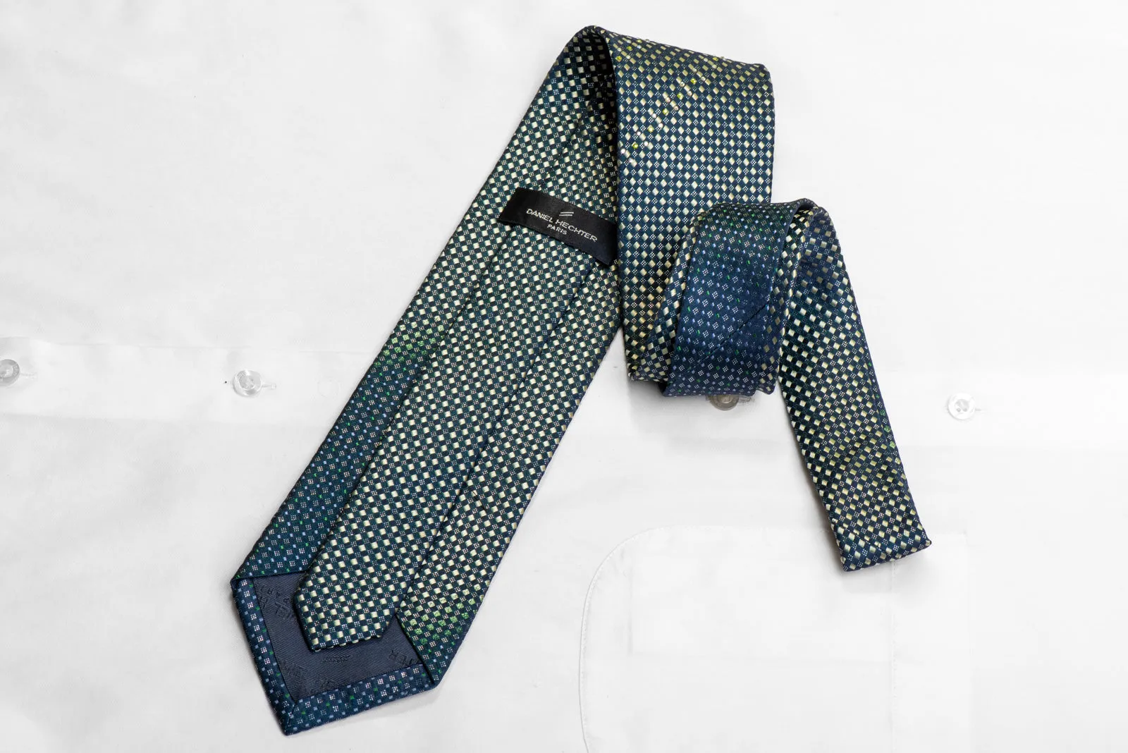 Green Micro Squares On Navy Blue Rhinestone Necktie With Silver Sparkles