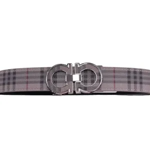 Grey Plaid Men's Fashion Design Luxury Leather Belt Silver Buckle