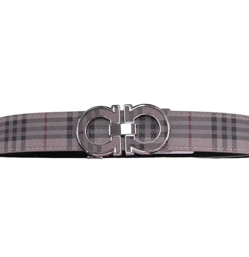 Grey Plaid Men's Fashion Design Luxury Leather Belt Silver Buckle