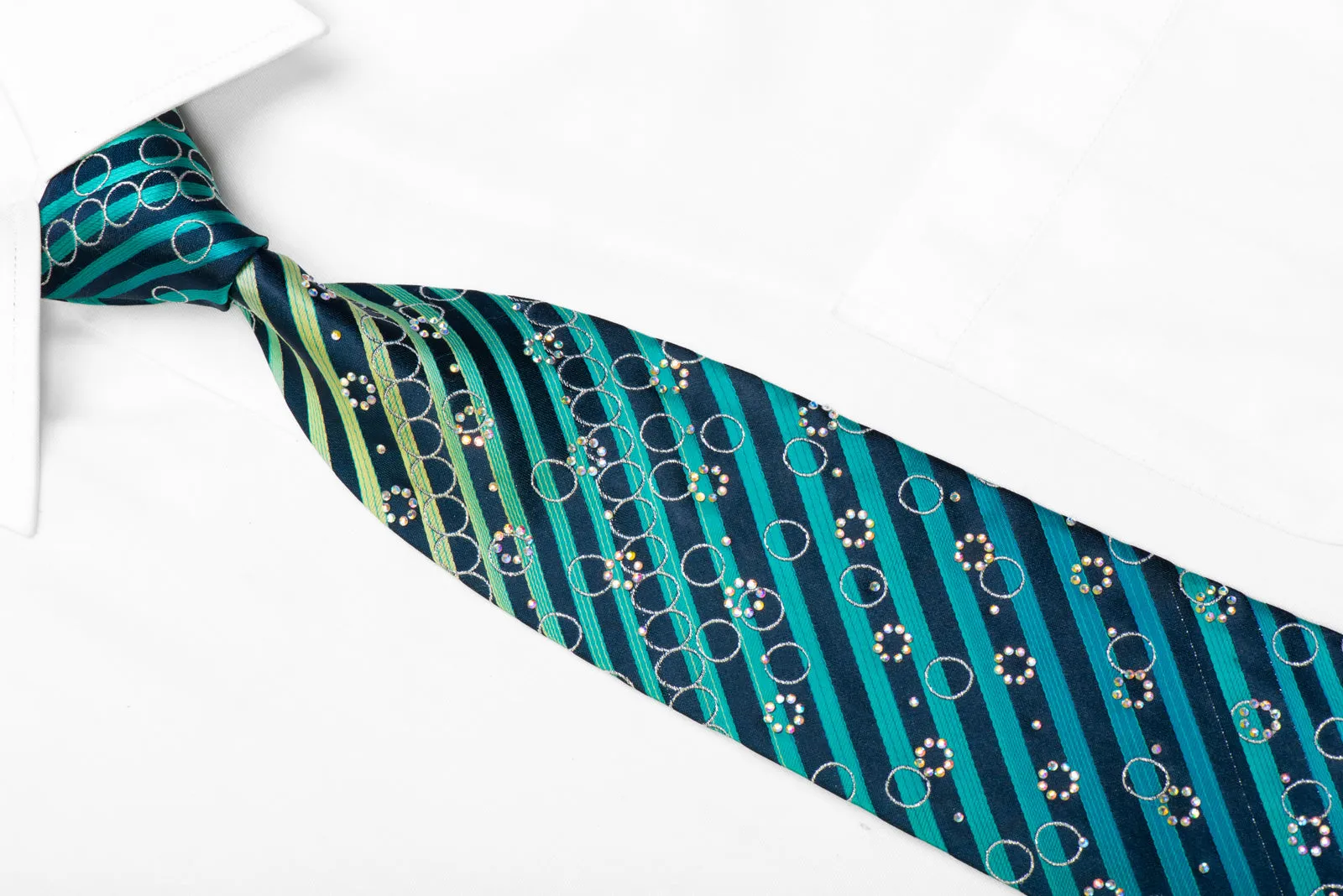 Guy Laroche Silk Necktie Teal Stripes On Navy With Rhinestones