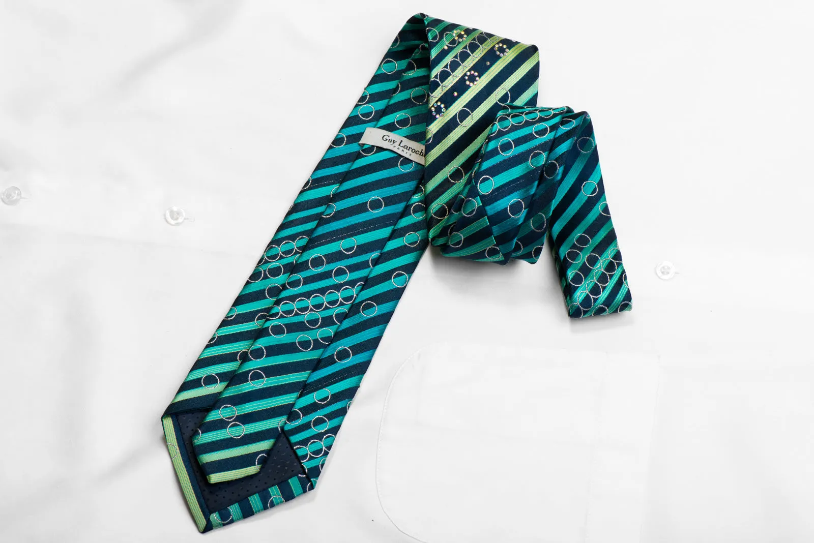 Guy Laroche Silk Necktie Teal Stripes On Navy With Rhinestones