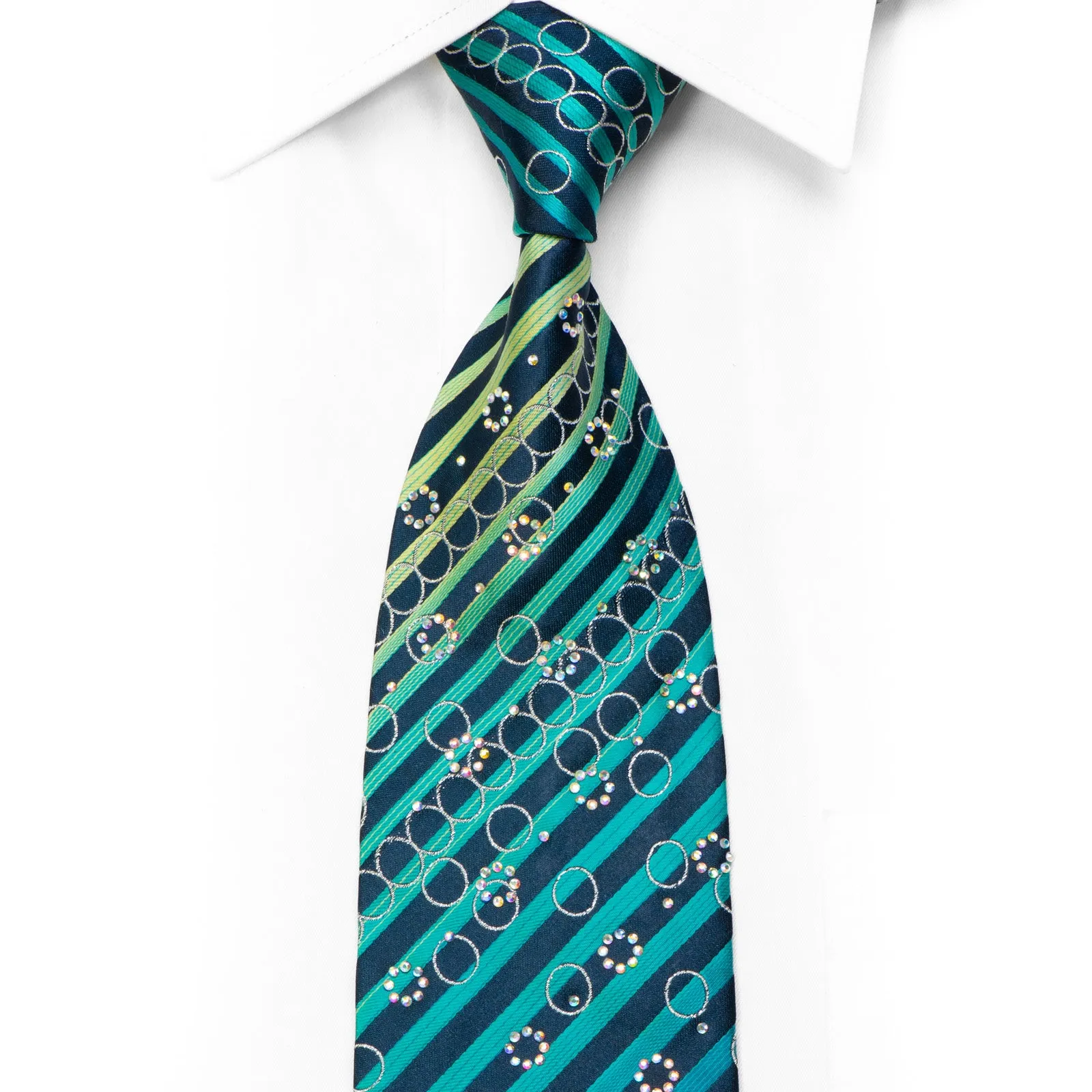 Guy Laroche Silk Necktie Teal Stripes On Navy With Rhinestones
