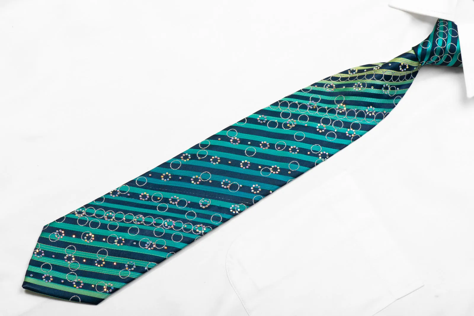 Guy Laroche Silk Necktie Teal Stripes On Navy With Rhinestones