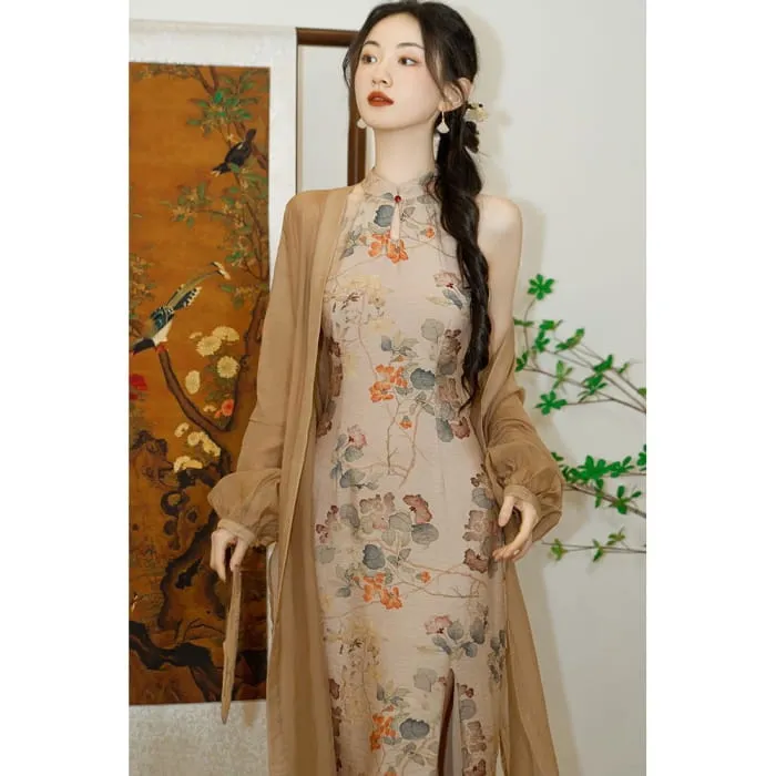 Halter-Neck Floral Print Midi Mermaid Dress / Puff-Sleeve Open Front Cardigan / Set