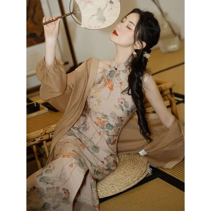 Halter-Neck Floral Print Midi Mermaid Dress / Puff-Sleeve Open Front Cardigan / Set
