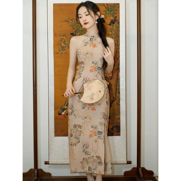 Halter-Neck Floral Print Midi Mermaid Dress / Puff-Sleeve Open Front Cardigan / Set