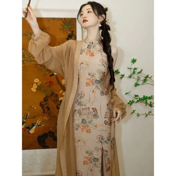 Halter-Neck Floral Print Midi Mermaid Dress / Puff-Sleeve Open Front Cardigan / Set