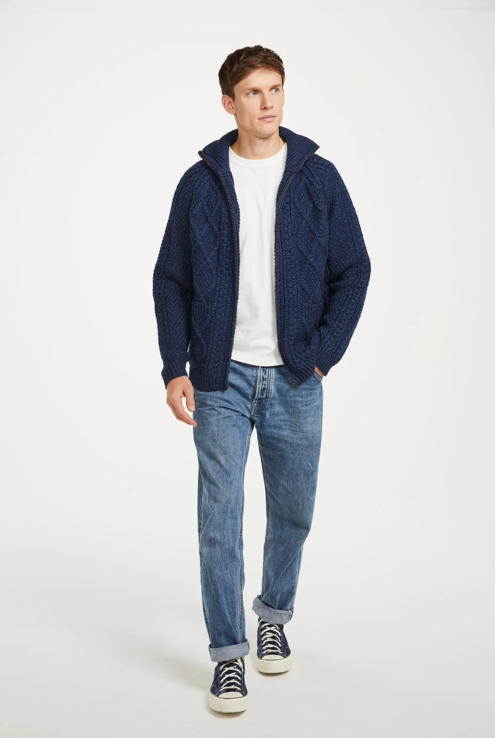Handknit Men's Aran Cardigan | Blue