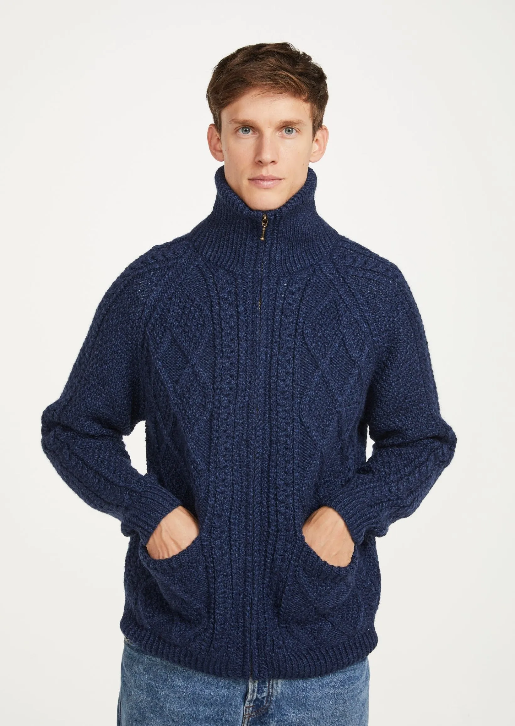 Handknit Men's Aran Cardigan | Blue