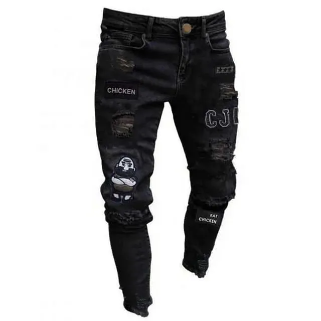 High Street Men Ripped Patched Jeans Custom Zipper Stretch Men's Skinny Denim Boyfriend Pants S S1294522
