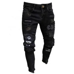 High Street Men Ripped Patched Jeans Custom Zipper Stretch Men's Skinny Denim Boyfriend Pants S S1294522