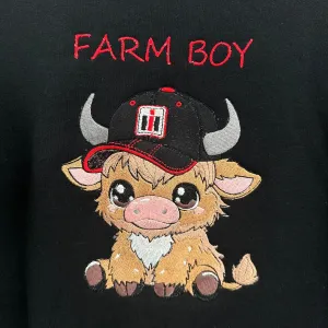 Highland Cow Case IH Farm Boy Embroidered YOUTH Crewneck Sweatshirt