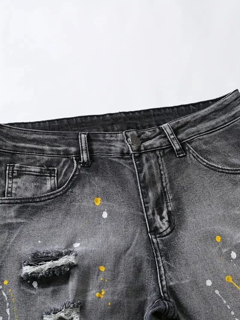 Hnzxzm Men's Casual Creative Street Style High Stretch Paint Splatter Ripped Design Slim Fit Jeans Denim Pants For Spring Summer
