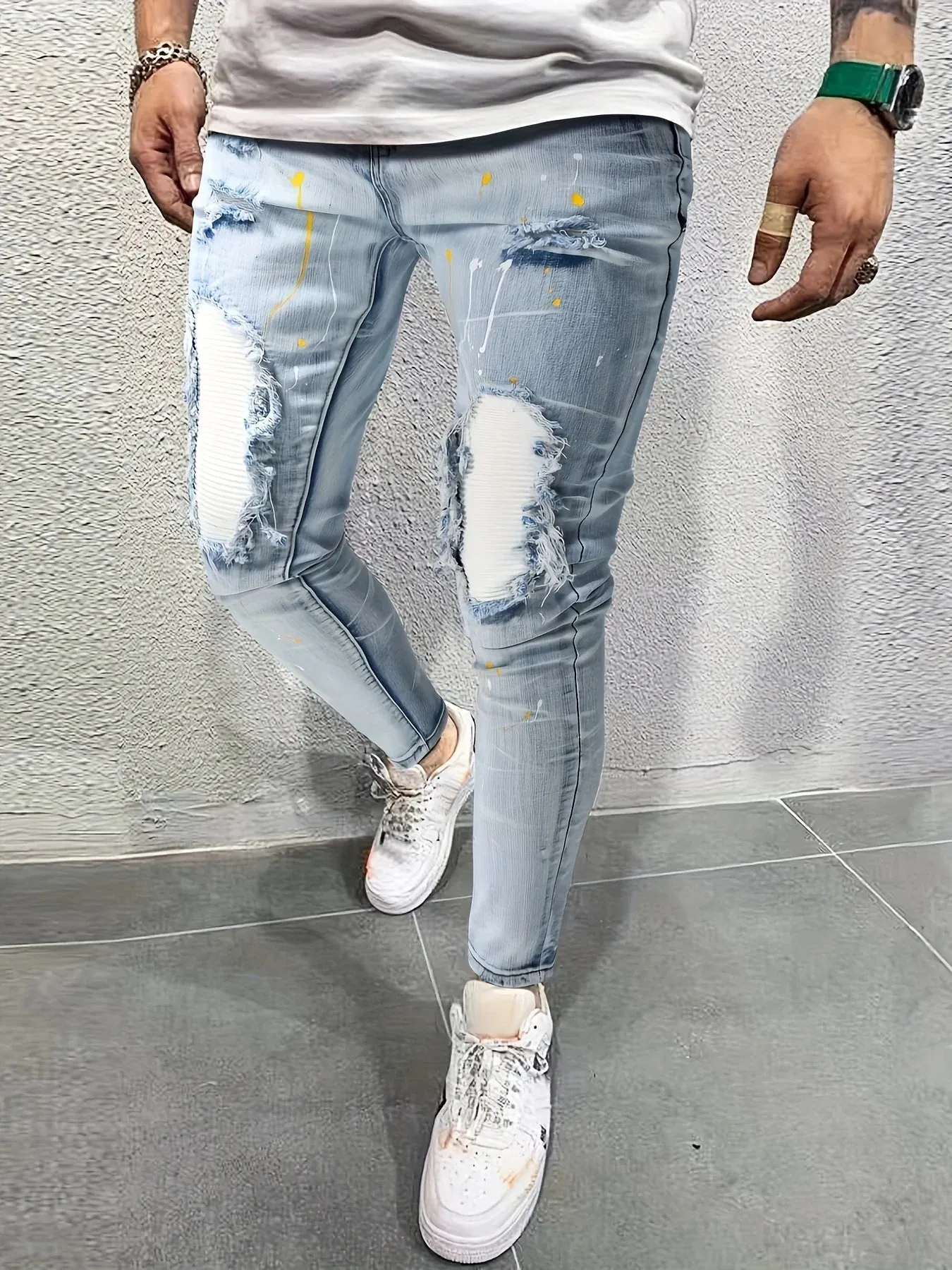 Hnzxzm Men's Casual Creative Street Style High Stretch Paint Splatter Ripped Design Slim Fit Jeans Denim Pants For Spring Summer