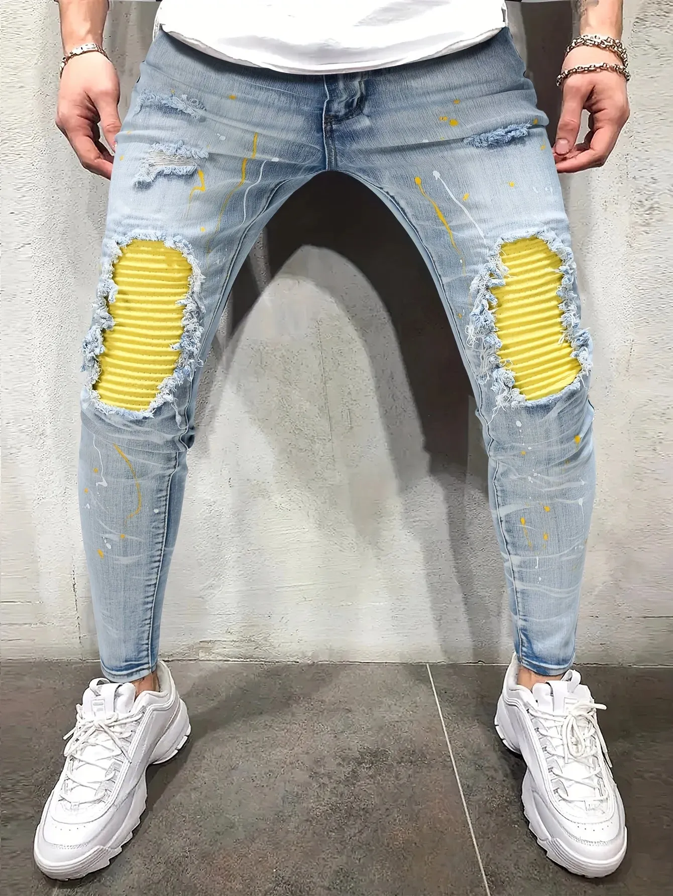 Hnzxzm Men's Casual Creative Street Style High Stretch Paint Splatter Ripped Design Slim Fit Jeans Denim Pants For Spring Summer