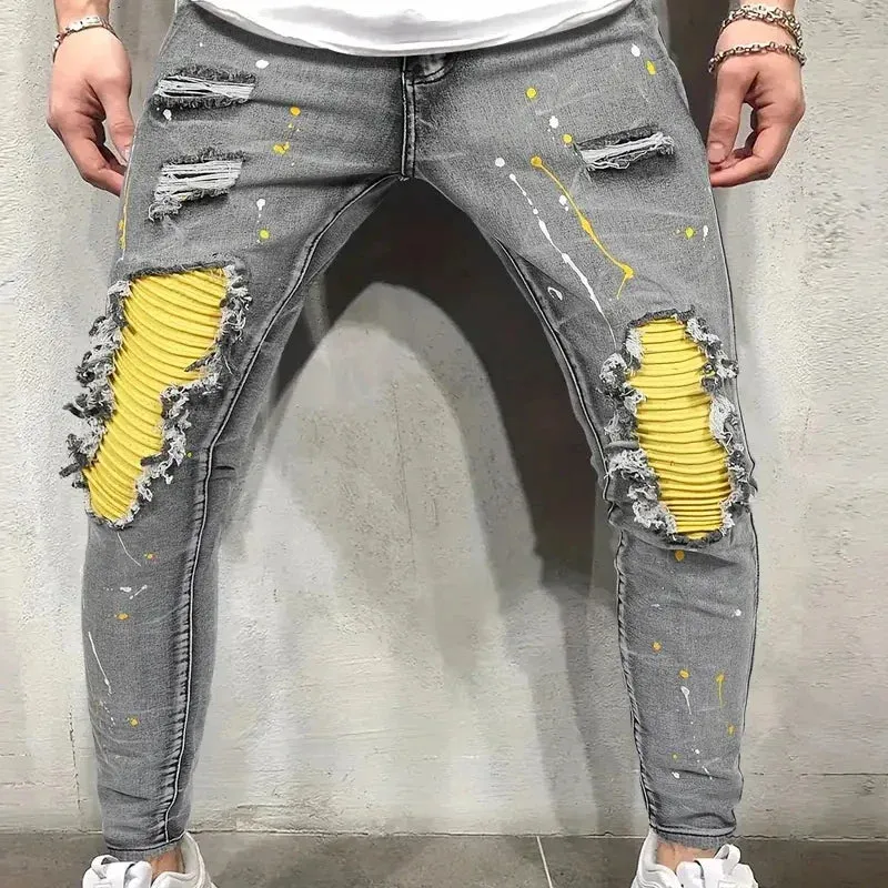 Hnzxzm Men's Casual Creative Street Style High Stretch Paint Splatter Ripped Design Slim Fit Jeans Denim Pants For Spring Summer