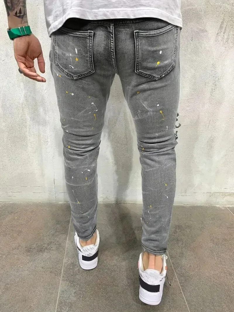 Hnzxzm Men's Casual Creative Street Style High Stretch Paint Splatter Ripped Design Slim Fit Jeans Denim Pants For Spring Summer