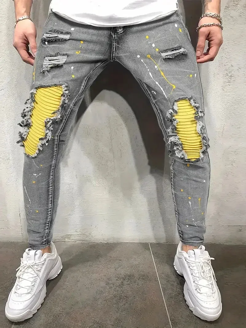 Hnzxzm Men's Casual Creative Street Style High Stretch Paint Splatter Ripped Design Slim Fit Jeans Denim Pants For Spring Summer