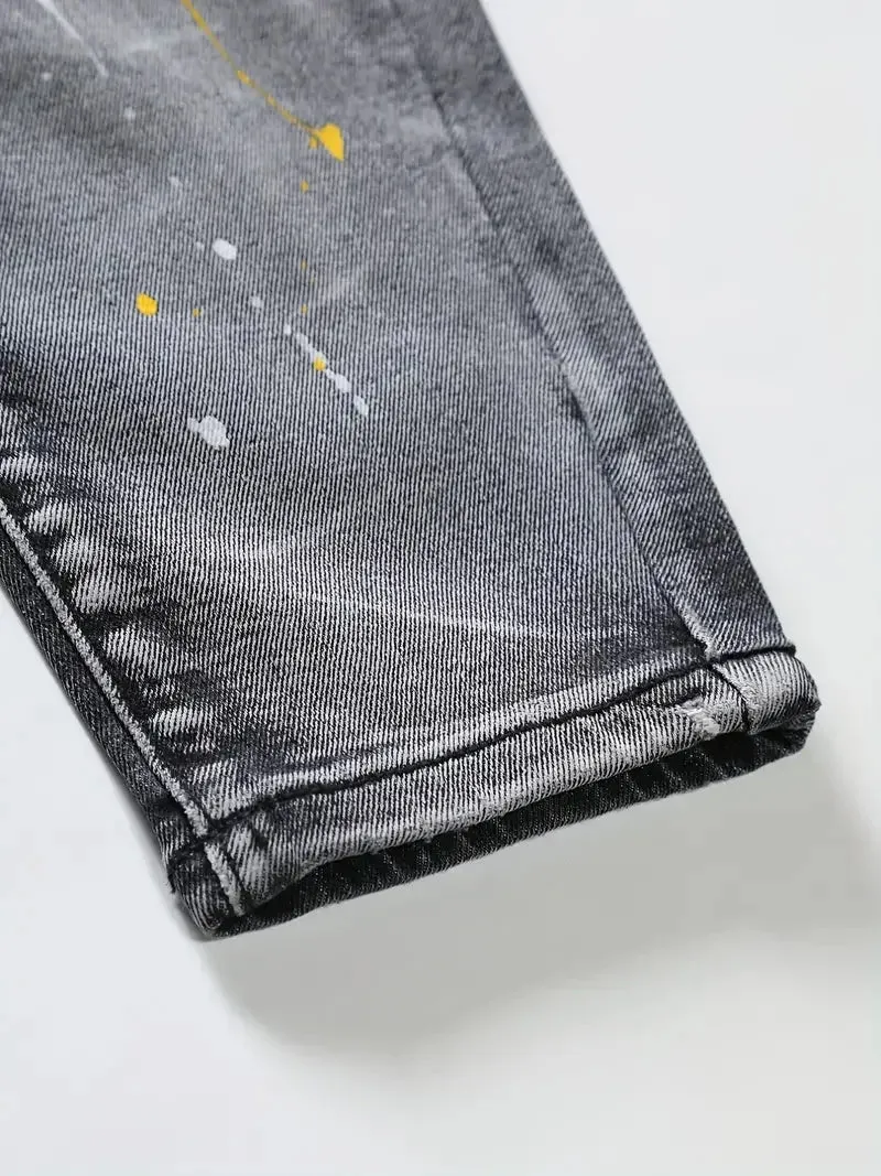 Hnzxzm Men's Casual Creative Street Style High Stretch Paint Splatter Ripped Design Slim Fit Jeans Denim Pants For Spring Summer