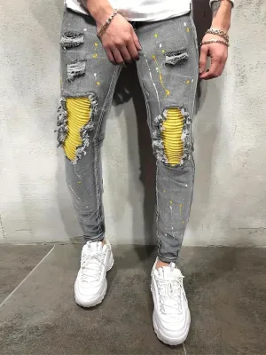 Hnzxzm Men's Casual Creative Street Style High Stretch Paint Splatter Ripped Design Slim Fit Jeans Denim Pants For Spring Summer