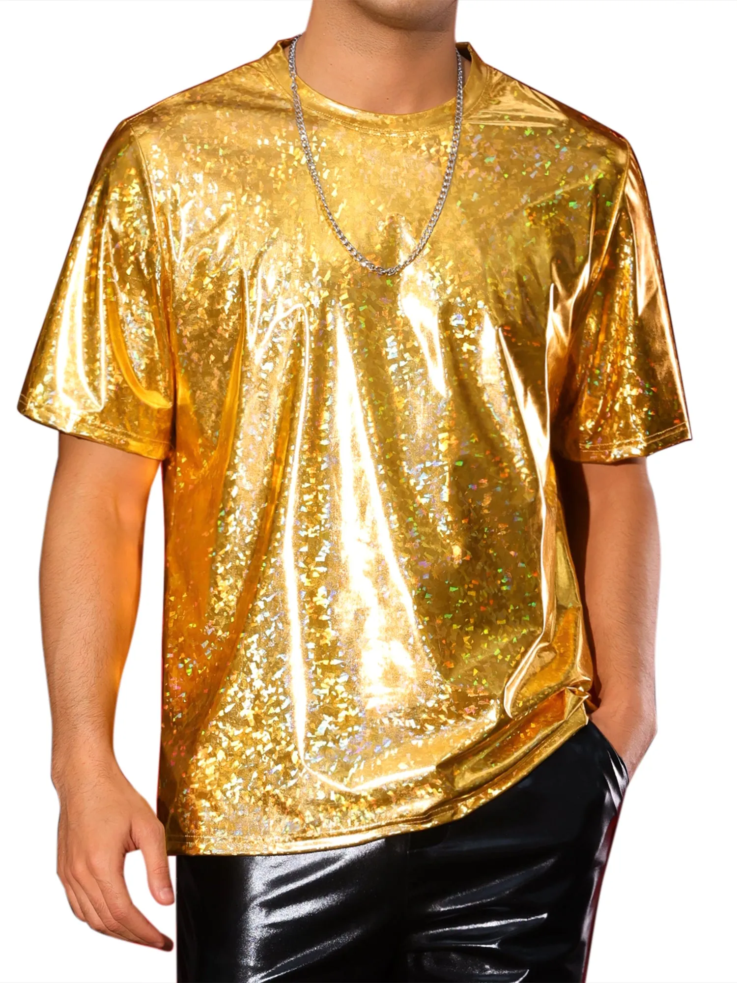 Holographic T-Shirts for Men's Crew Neck Short Sleeved Party Disco Shiny t Shirt