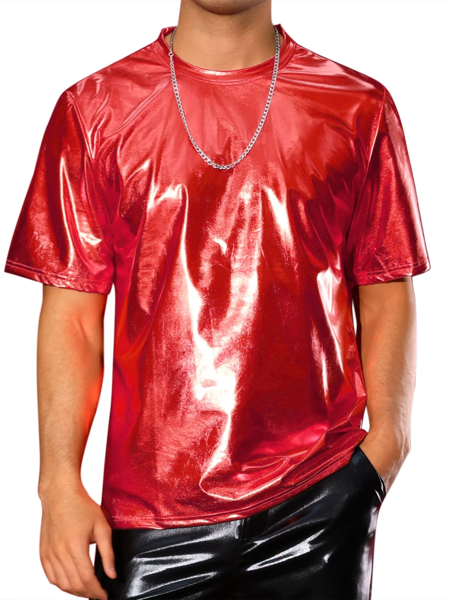 Holographic T-Shirts for Men's Crew Neck Short Sleeved Party Disco Shiny t Shirt