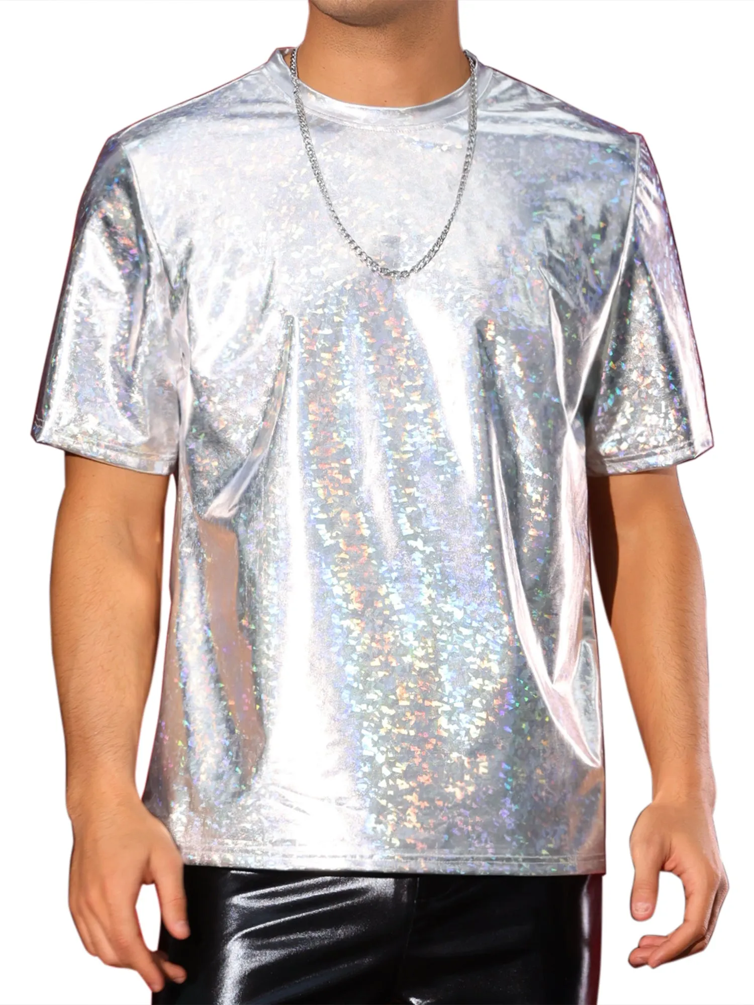 Holographic T-Shirts for Men's Crew Neck Short Sleeved Party Disco Shiny t Shirt
