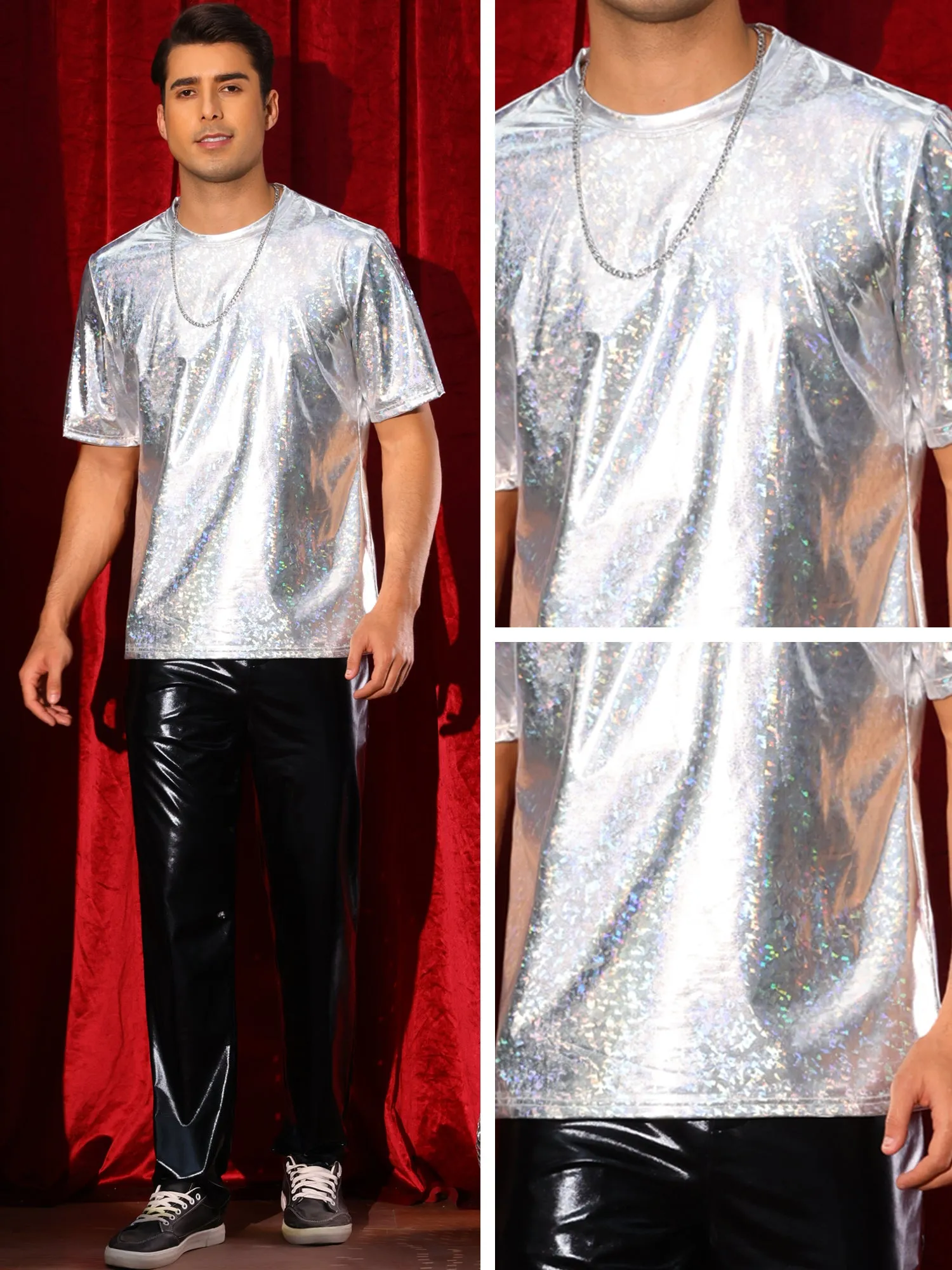 Holographic T-Shirts for Men's Crew Neck Short Sleeved Party Disco Shiny t Shirt