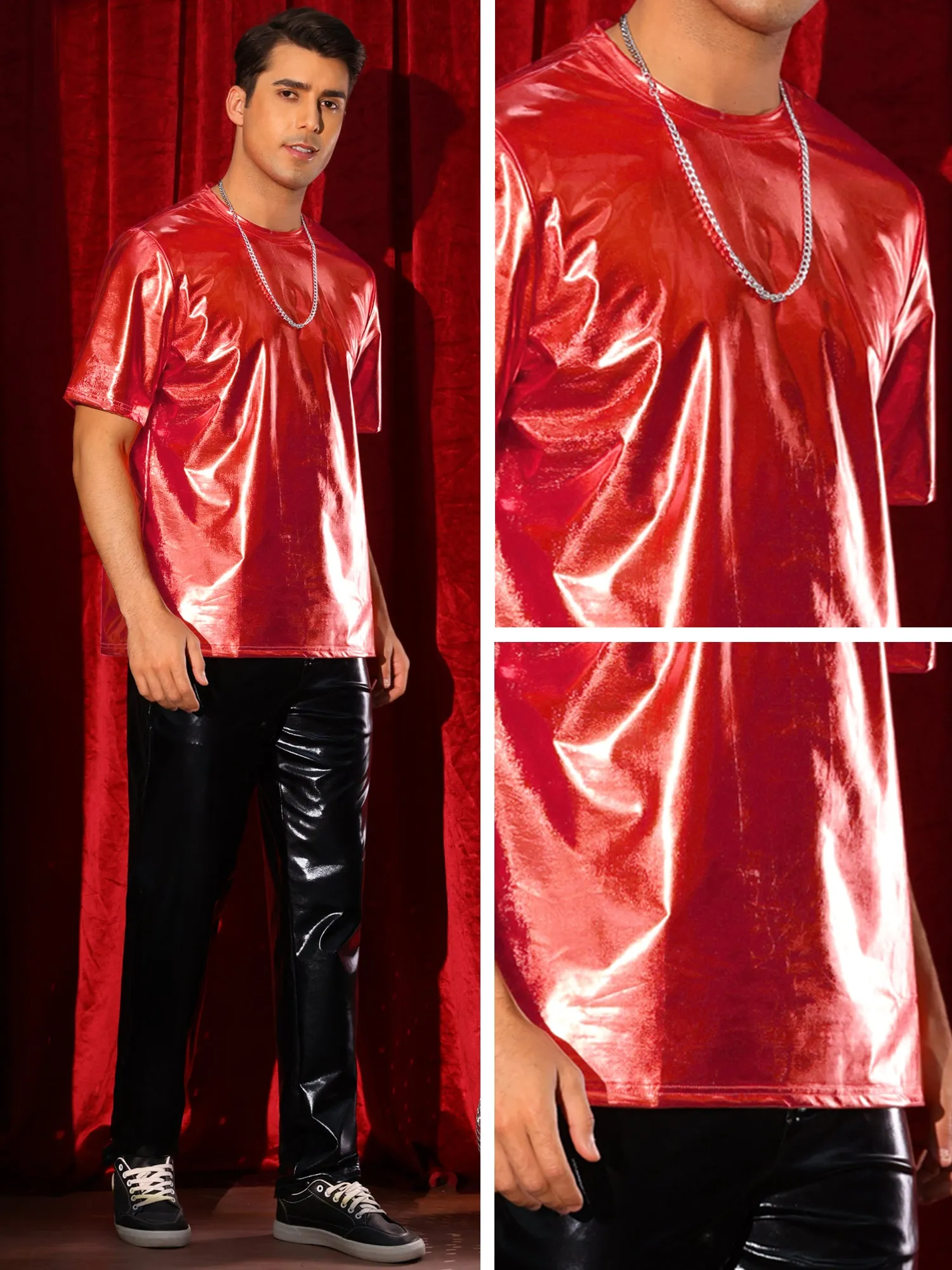 Holographic T-Shirts for Men's Crew Neck Short Sleeved Party Disco Shiny t Shirt