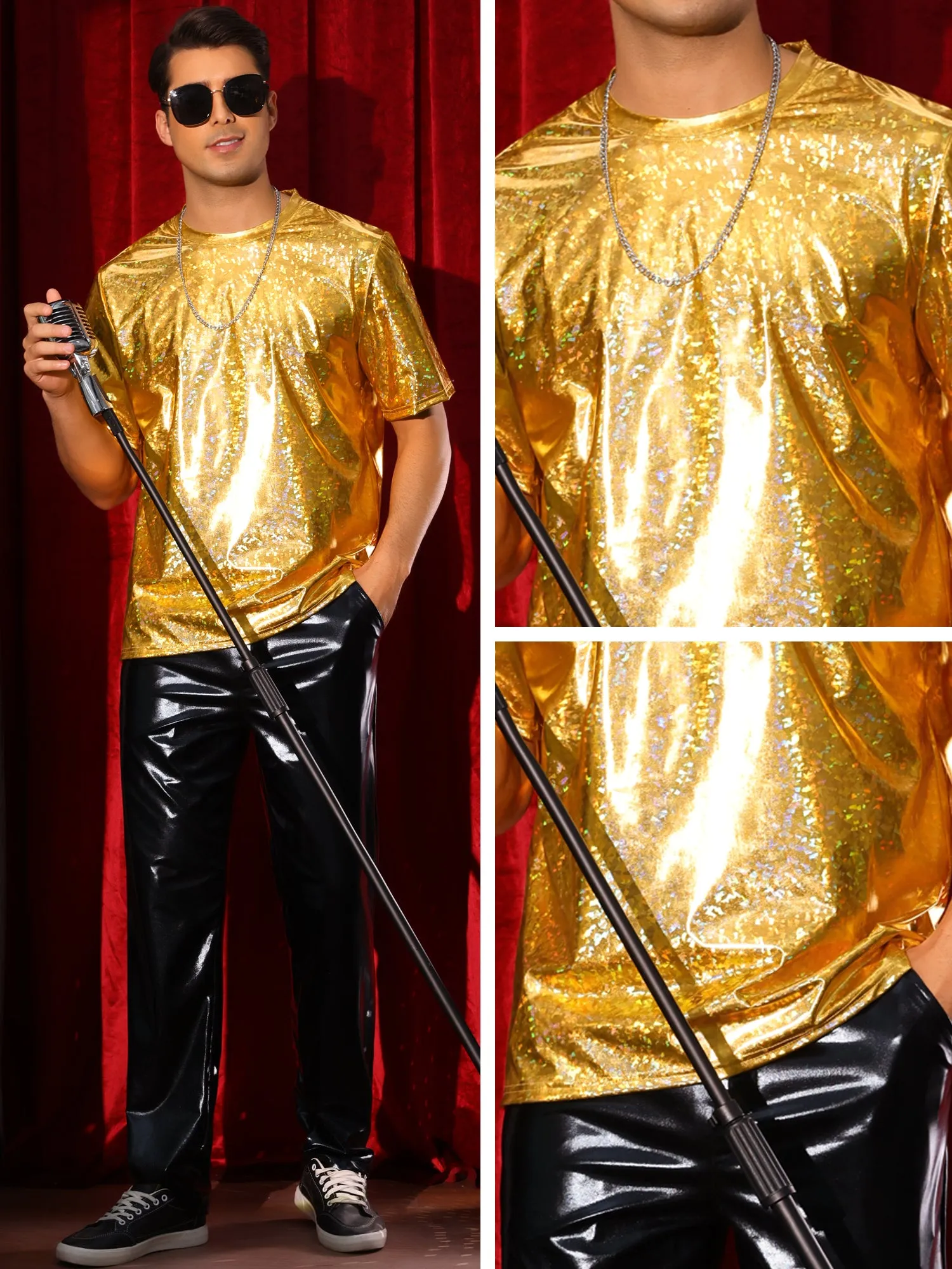 Holographic T-Shirts for Men's Crew Neck Short Sleeved Party Disco Shiny t Shirt