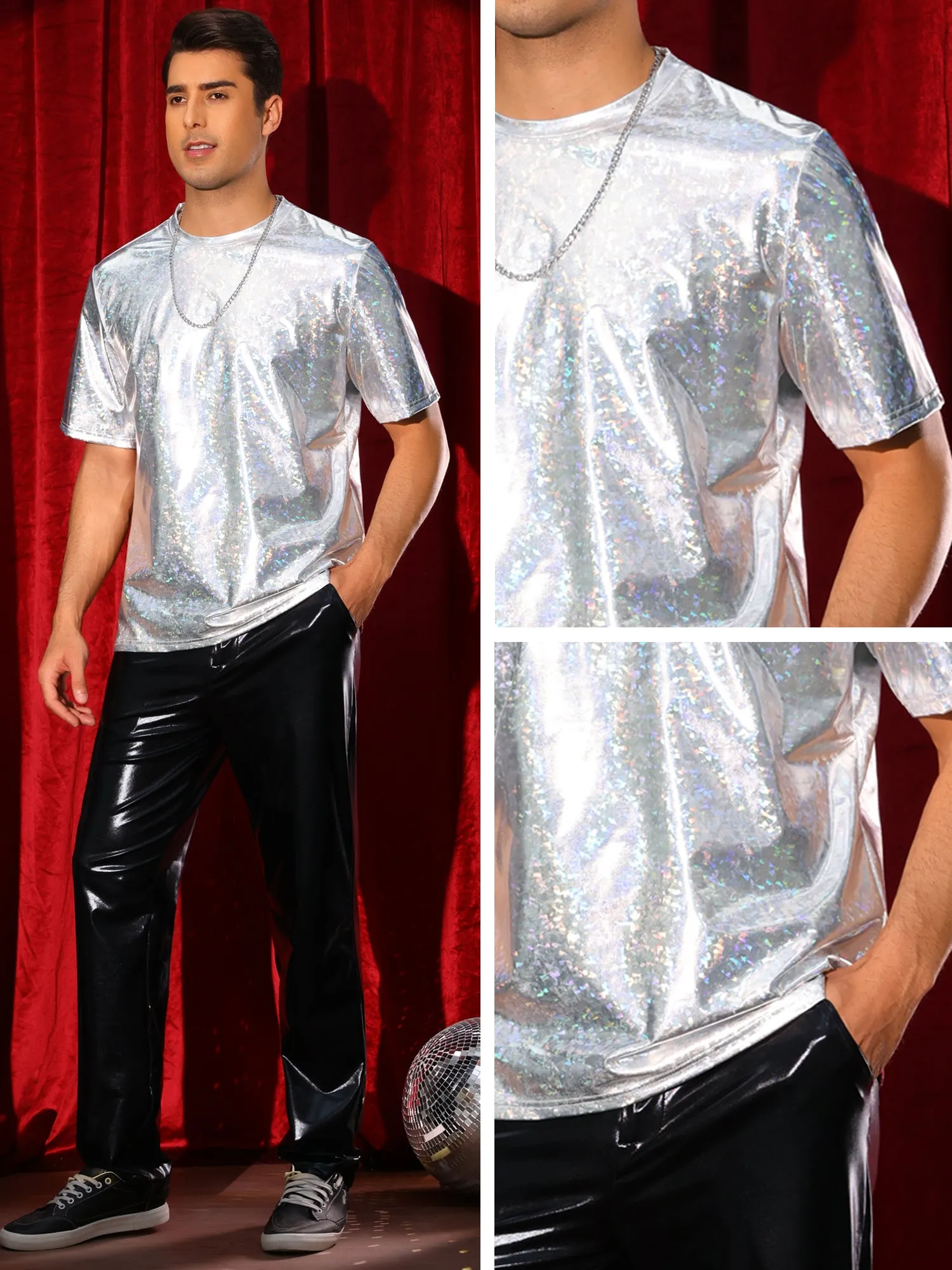 Holographic T-Shirts for Men's Crew Neck Short Sleeved Party Disco Shiny t Shirt