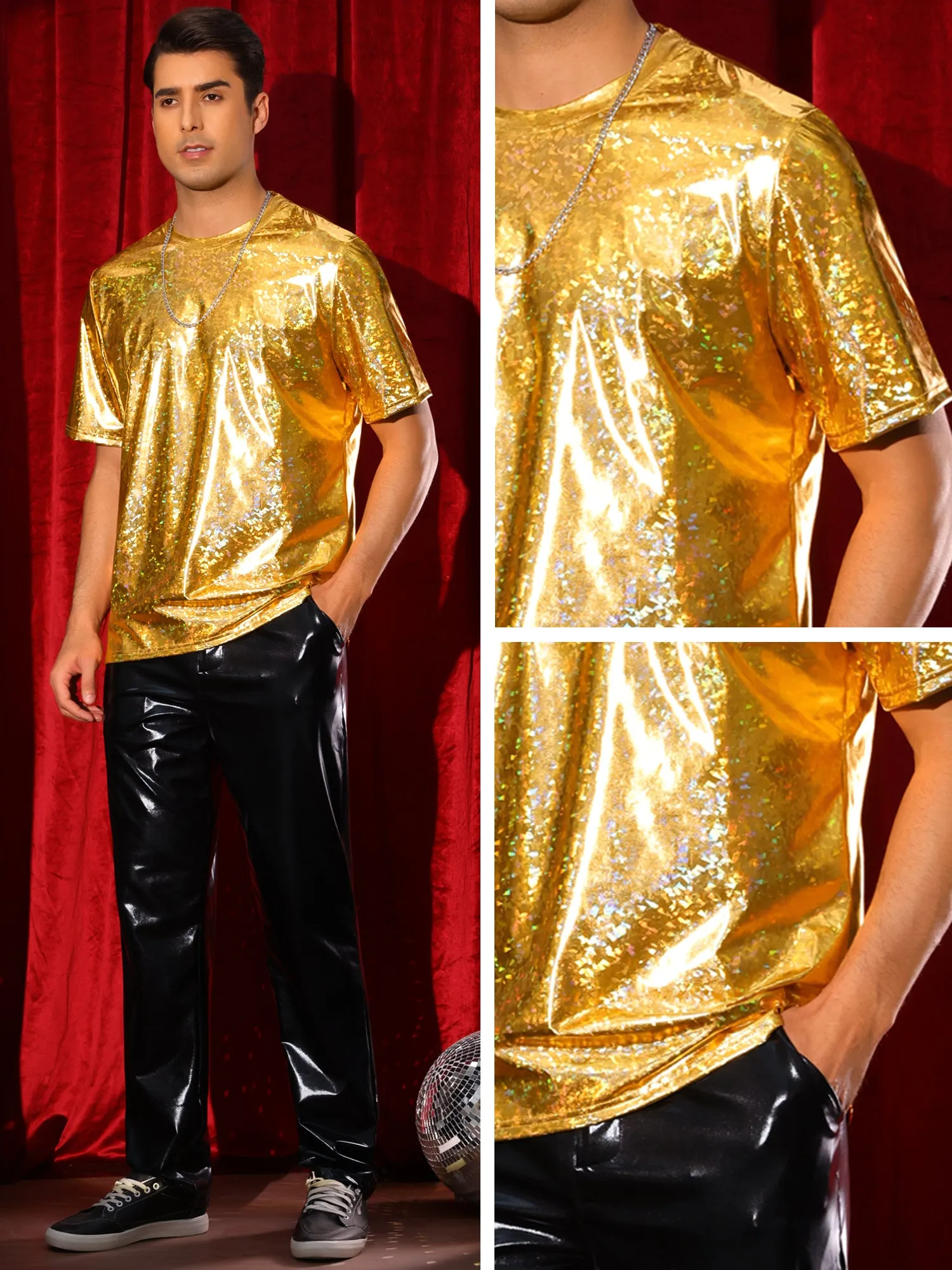 Holographic T-Shirts for Men's Crew Neck Short Sleeved Party Disco Shiny t Shirt