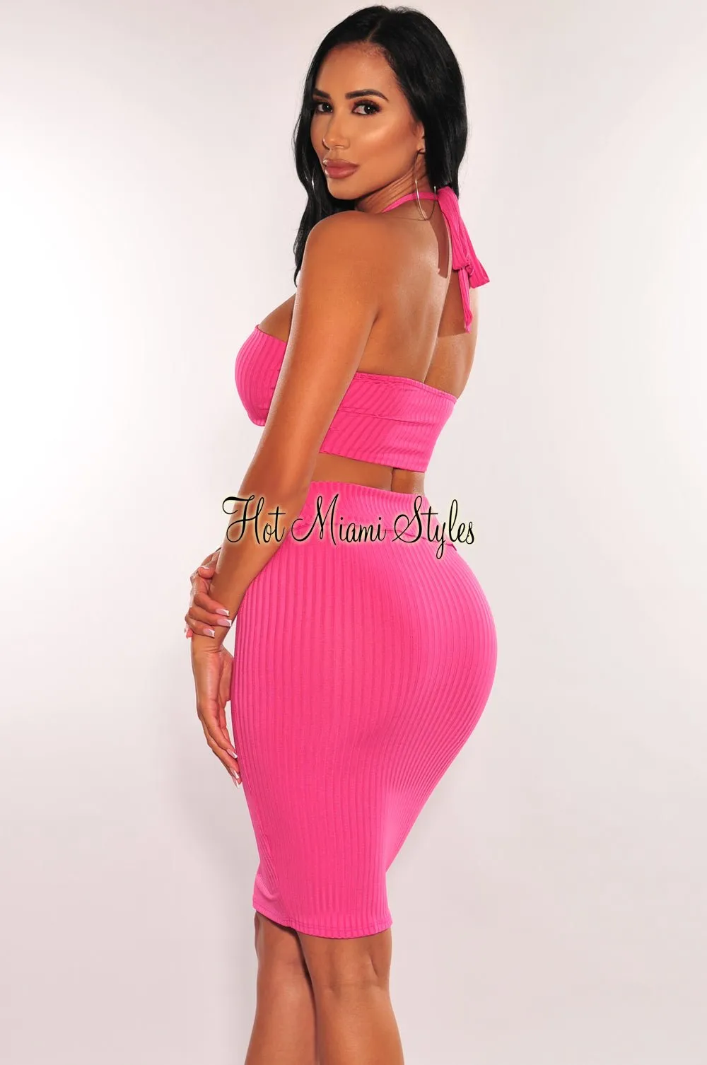 Hot Pink Ribbed Halter Cut Out Button Up Skirt Two Piece Set