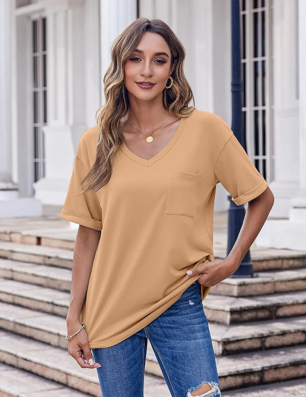 HOTOUCH Women Oversized T Shirts V Neck Short Sleeve Tees Casual Loose Tunic Summer Tops with Pocket