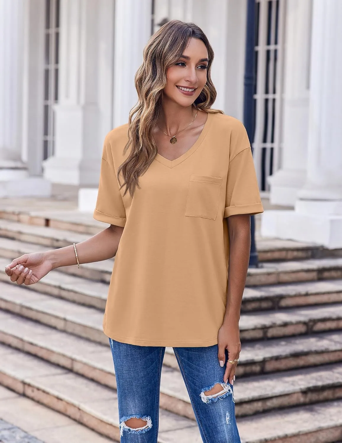 HOTOUCH Women Oversized T Shirts V Neck Short Sleeve Tees Casual Loose Tunic Summer Tops with Pocket