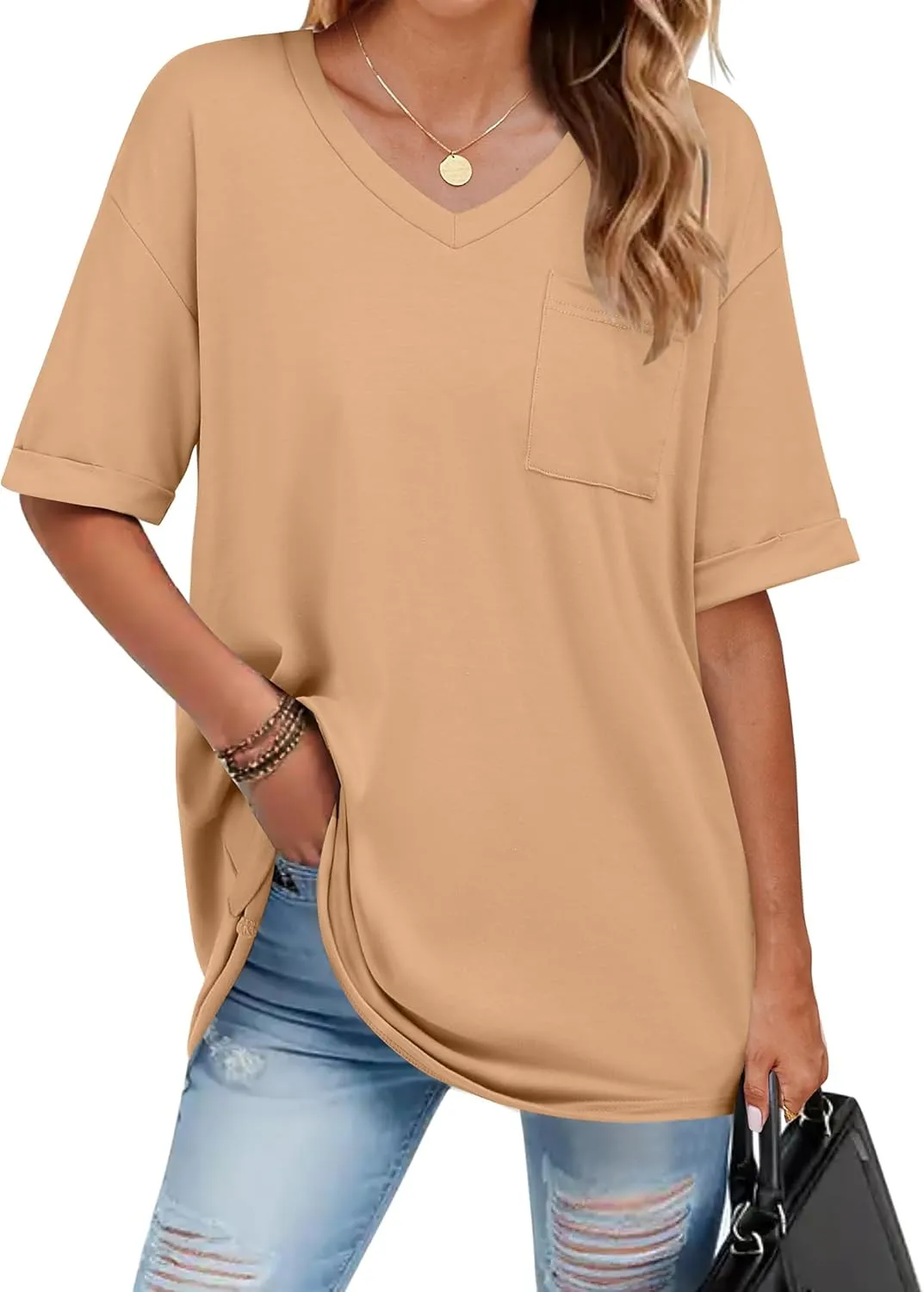 HOTOUCH Women Oversized T Shirts V Neck Short Sleeve Tees Casual Loose Tunic Summer Tops with Pocket