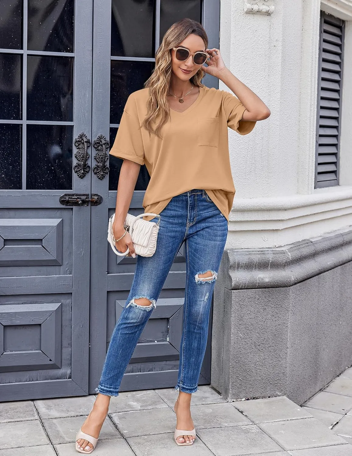 HOTOUCH Women Oversized T Shirts V Neck Short Sleeve Tees Casual Loose Tunic Summer Tops with Pocket
