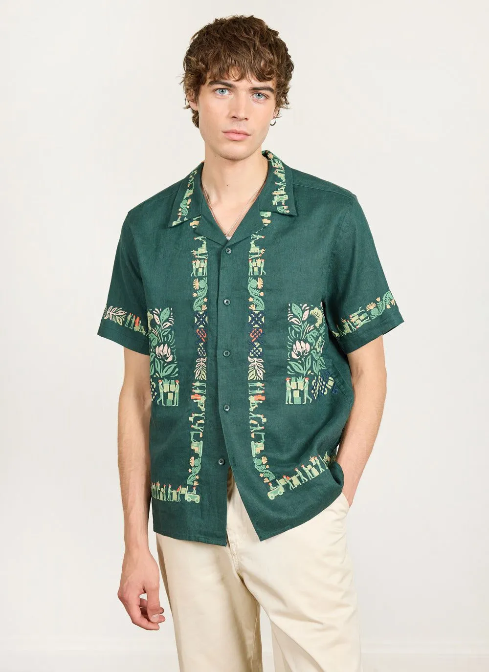 Import Embroidered Cuban Shirt | Linen | Forest