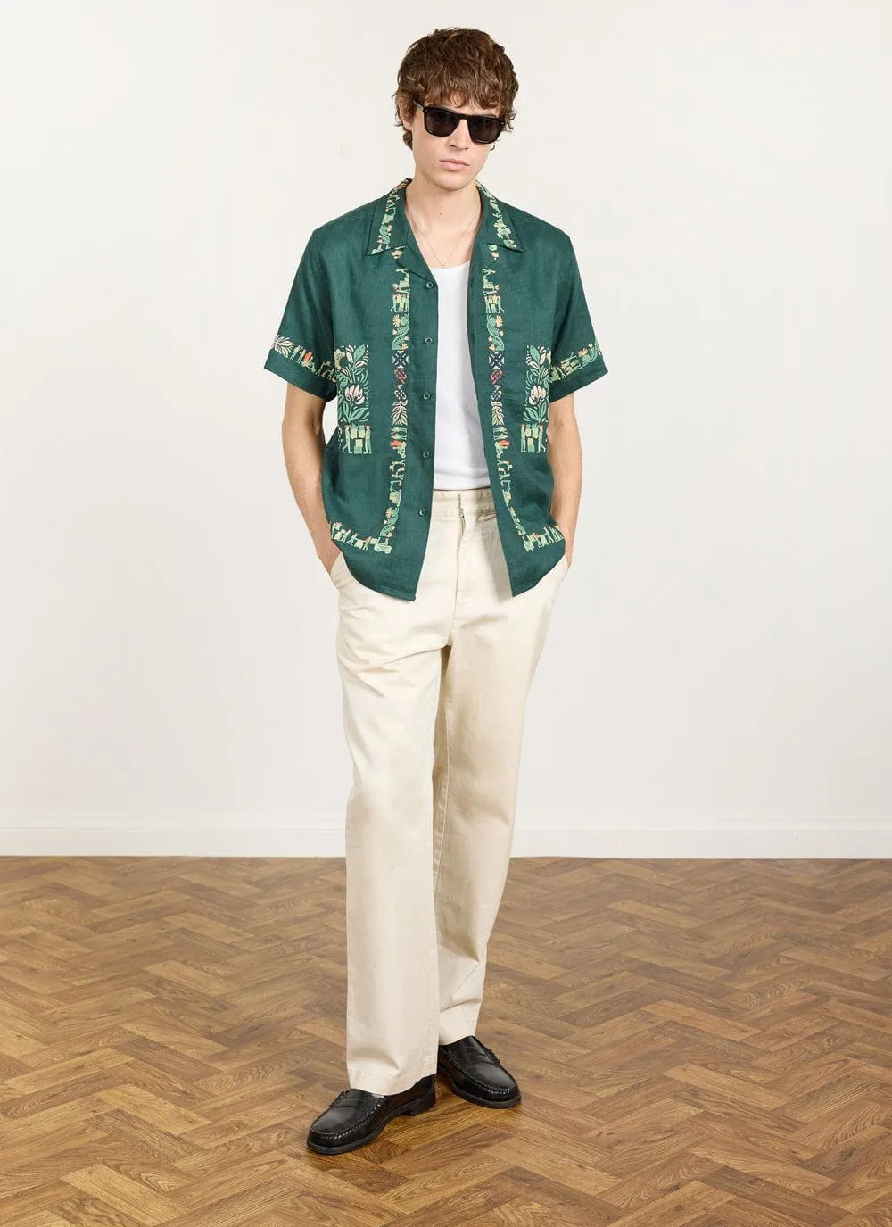 Import Embroidered Cuban Shirt | Linen | Forest