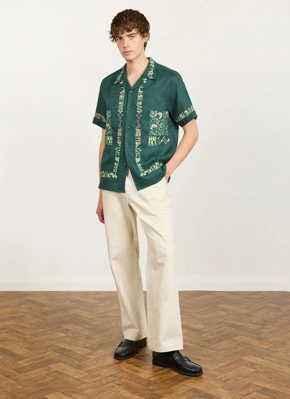 Import Embroidered Cuban Shirt | Linen | Forest