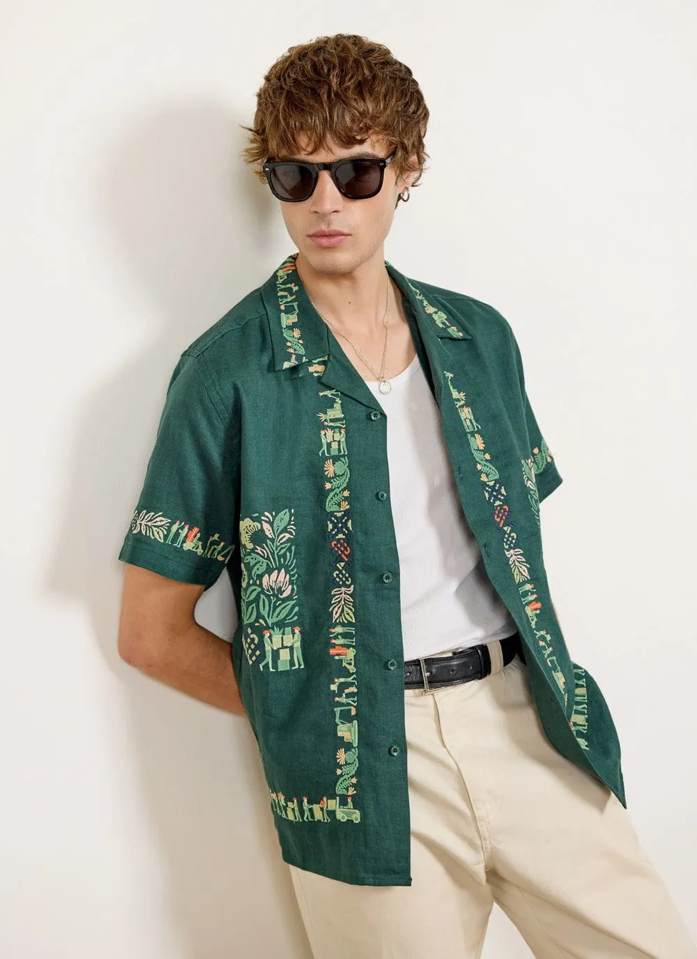 Import Embroidered Cuban Shirt | Linen | Forest