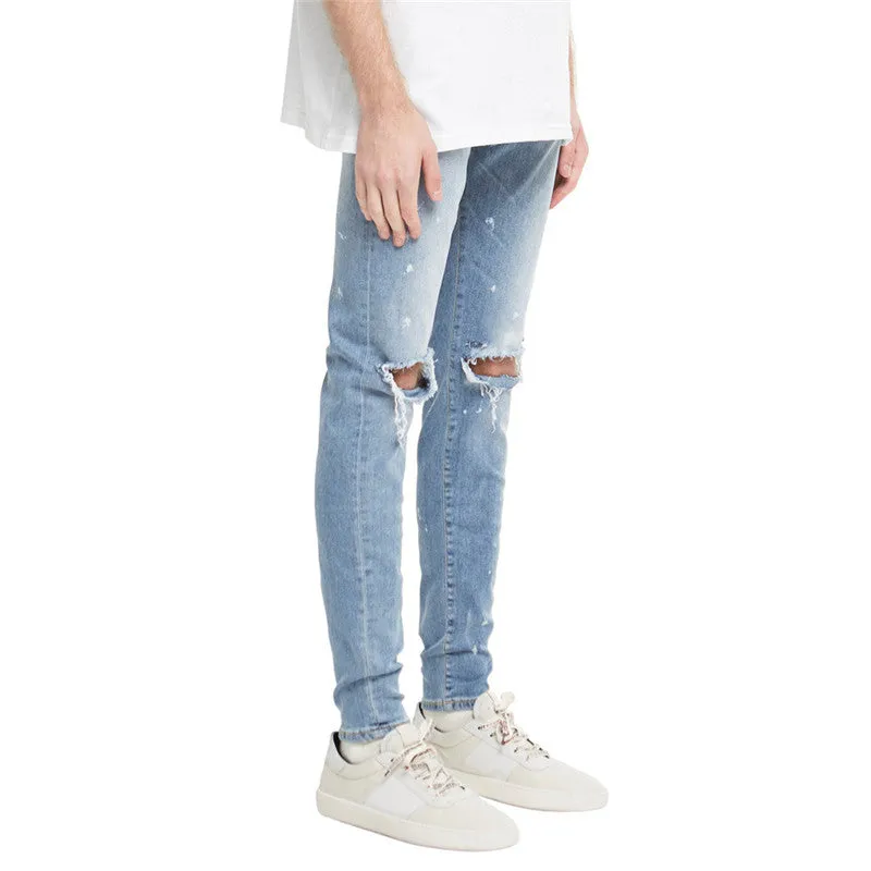 Individuality Men's Large Ripped Jeans Mid Waisted Straight Pants