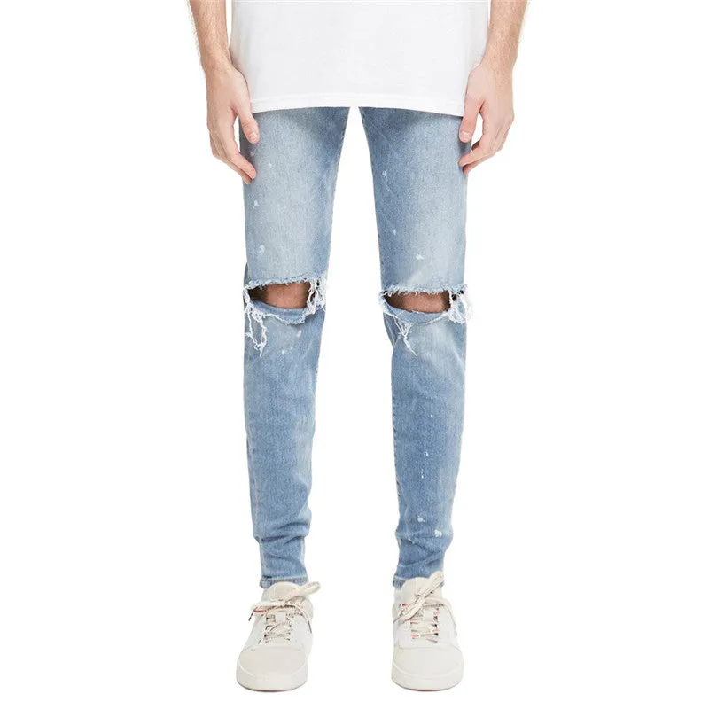 Individuality Men's Large Ripped Jeans Mid Waisted Straight Pants