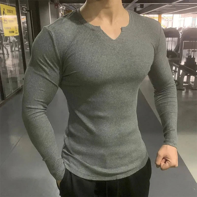 Isaac – Long Sleeve Textured V-Neck Sports T-Shirt for Men